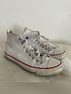 Converse White leather High Top Sneakers with Red Trim Classic high tops
